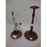 19th Century hat pin stand with quantity of hat pins, together with a mahogany wig stand 30cm high