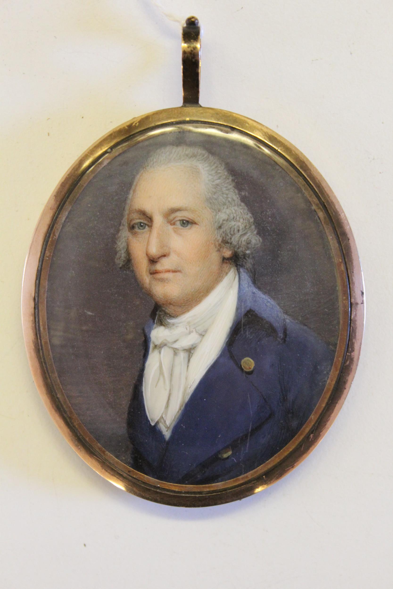 Circle of Thomas Hazlehurst, watercolour portrait miniature of a man wearing a blue coat with gold