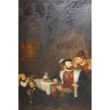 18th Century oil on canvas, interior scene with figures at a table, period frame, 15ins x 11ins