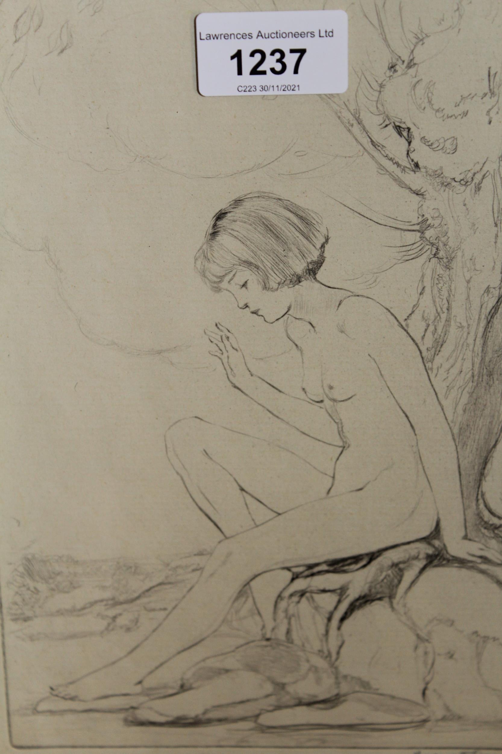 Margaret Cain signed etching, female bather by a rockpool, 9.5ins x 8.5ins