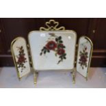 Victorian and brass floral painted mirror inset triple folding firescreen