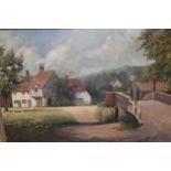 A.S Clark, oil on canvas, village scene with house and stone bridge, signed and framed, 16ins x