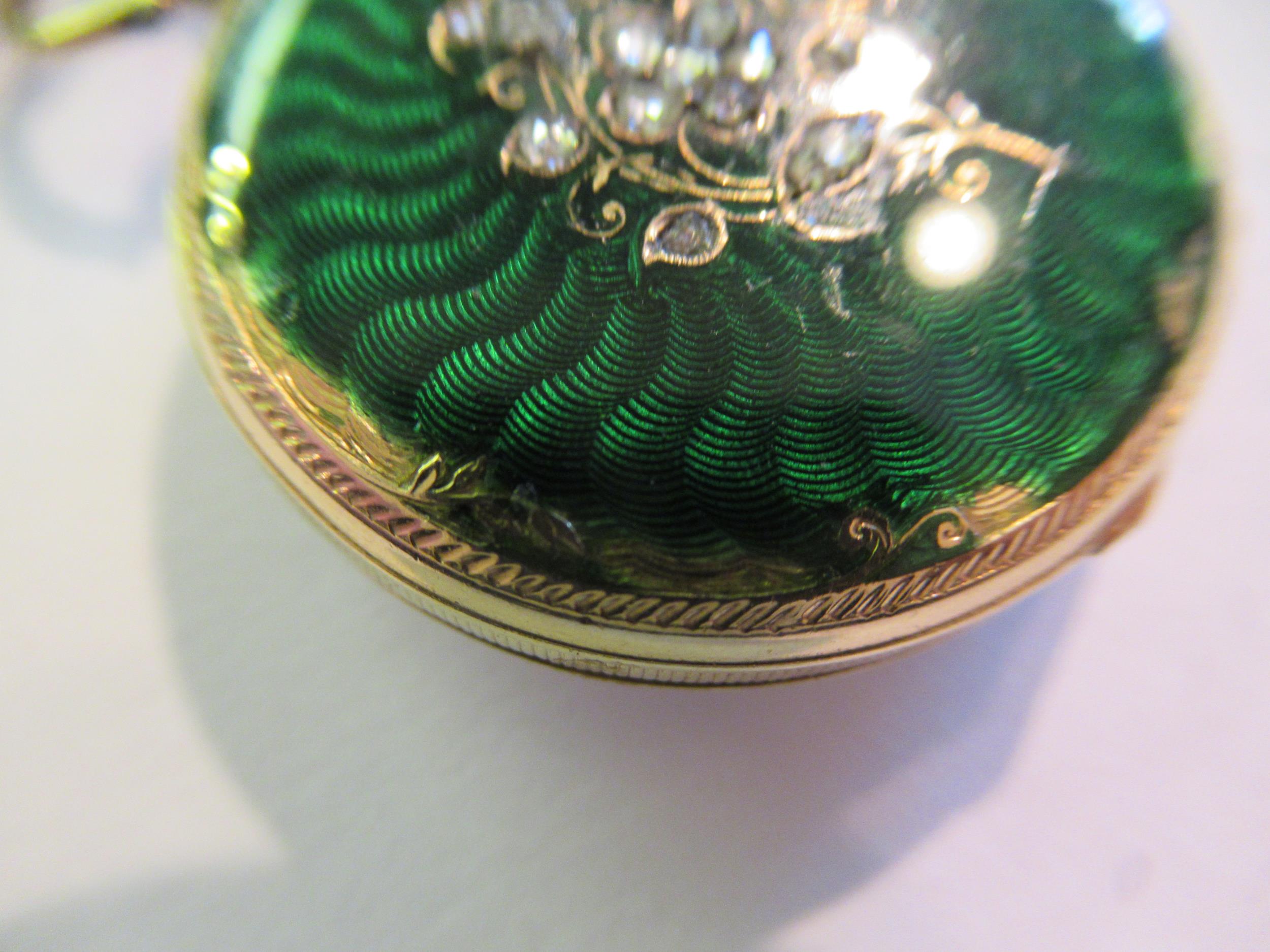 19th Century French gold fob watch, the enamel decorated back set with rose cut diamonds, - Image 6 of 8