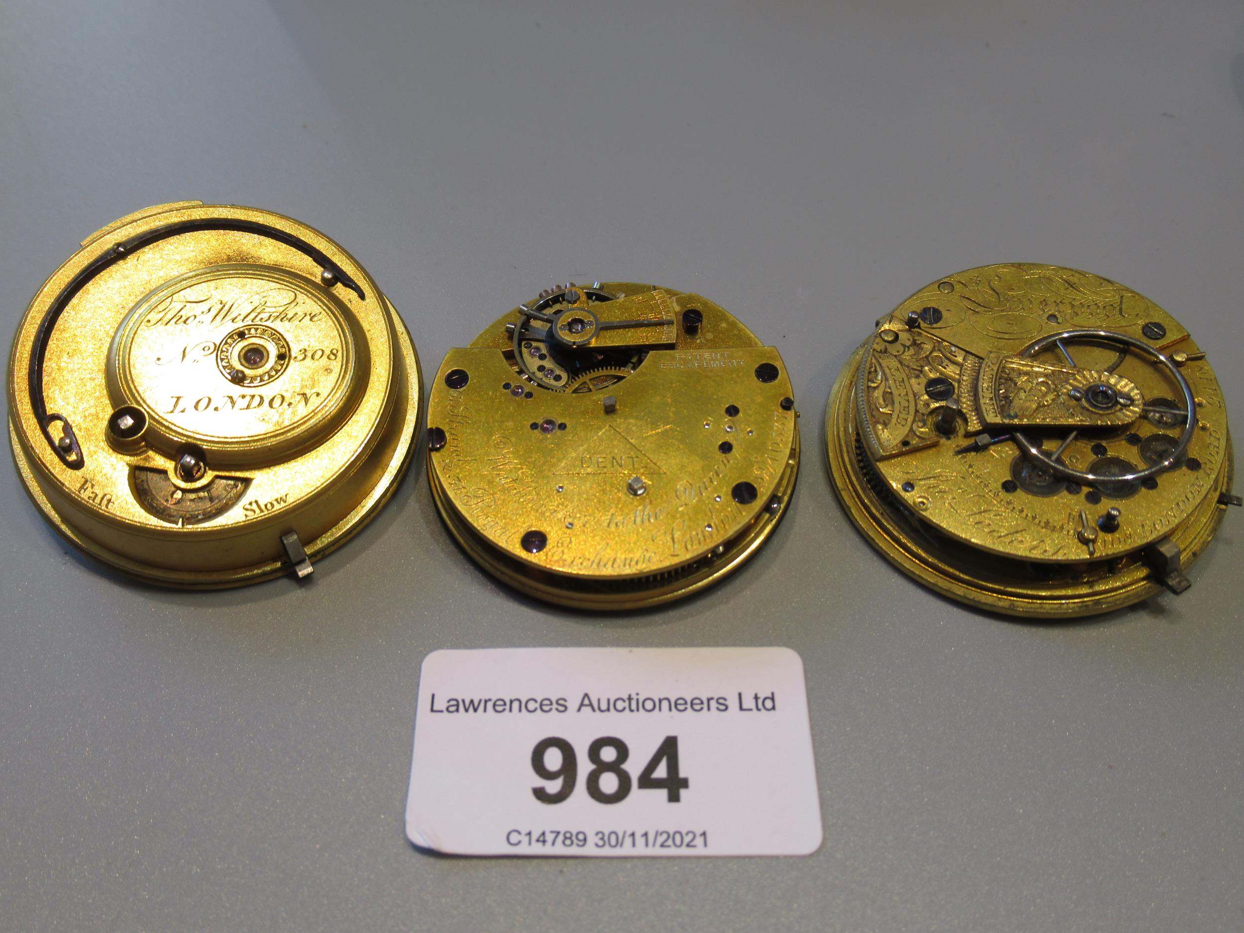 Dent patent pocket watch movement, together with another by Thomas Wiltshire, London and another - Image 2 of 2