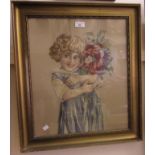 Early 20th Century woolwork picture, girl holding a bunch of flowers, 18ins x 15.5ins, gilt framed