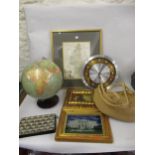 Columbus terrestrial globe on stand, Quartz wall clock, glass picture of The White House and