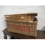 Large vintage woven basket with cover, stencilled ' Pioneer ' and another two handled basket