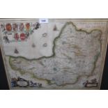 18th Century hand coloured map of Somerset, 15 ins x 19.5ins