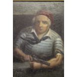 19th Century oil on millboard, figure at a window with a Flintlock pistol, 6ins x 4.5ins