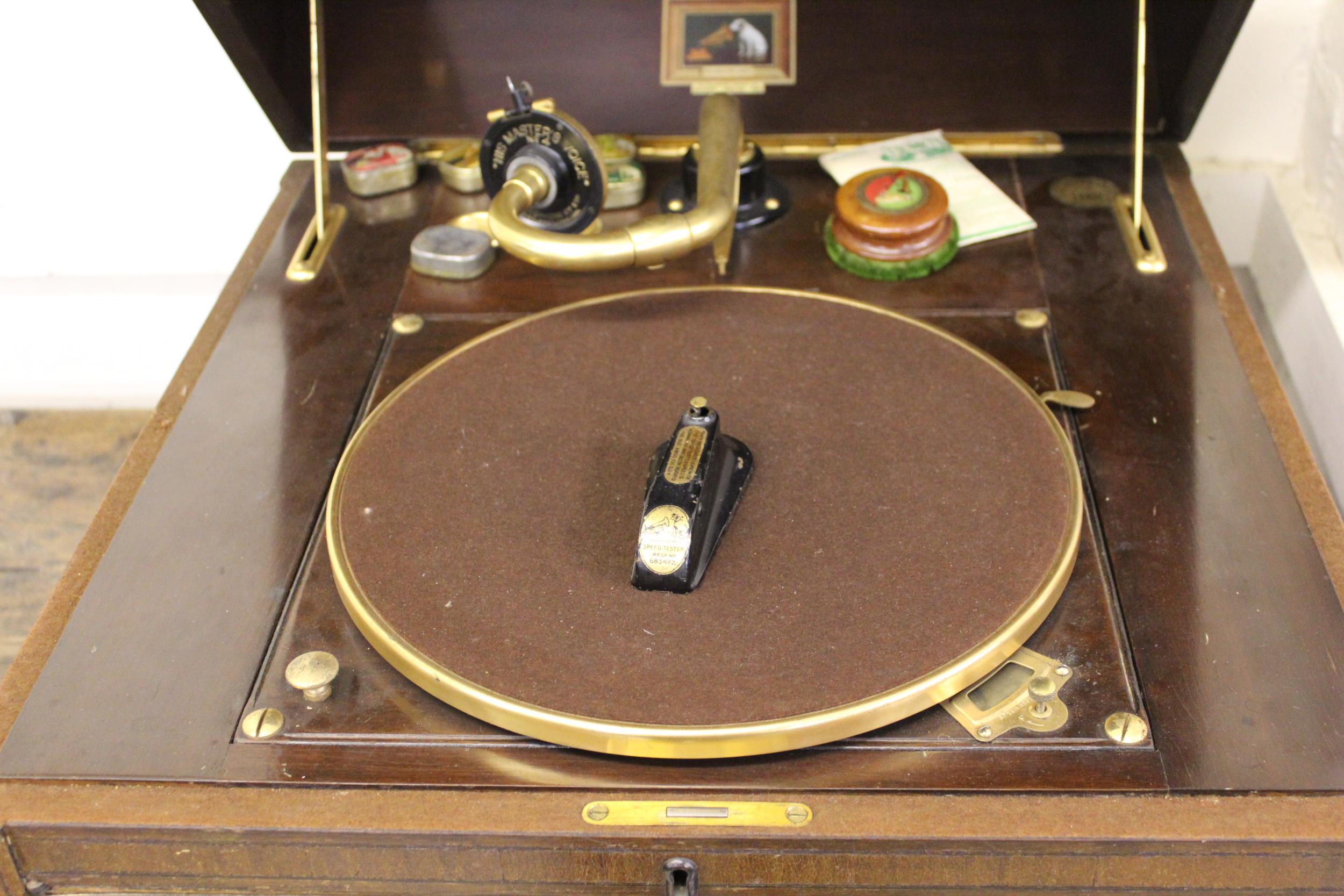 HMV Model 192 floor standing wind-up gramophone with No. 4 sound box, in a mahogany and black line - Image 2 of 2