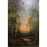 William Langley, oil on canvas, shepherd with sheep in a sunset woodland landscape, signed, 24ins