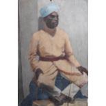 Early 20th Century oil on ply, portrait of a seated Indian gentleman wearing a blue turban, 20ins