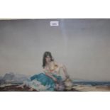 Sir William Russell Flint, signed colour print of a seated girl on a beach, an oil on board,