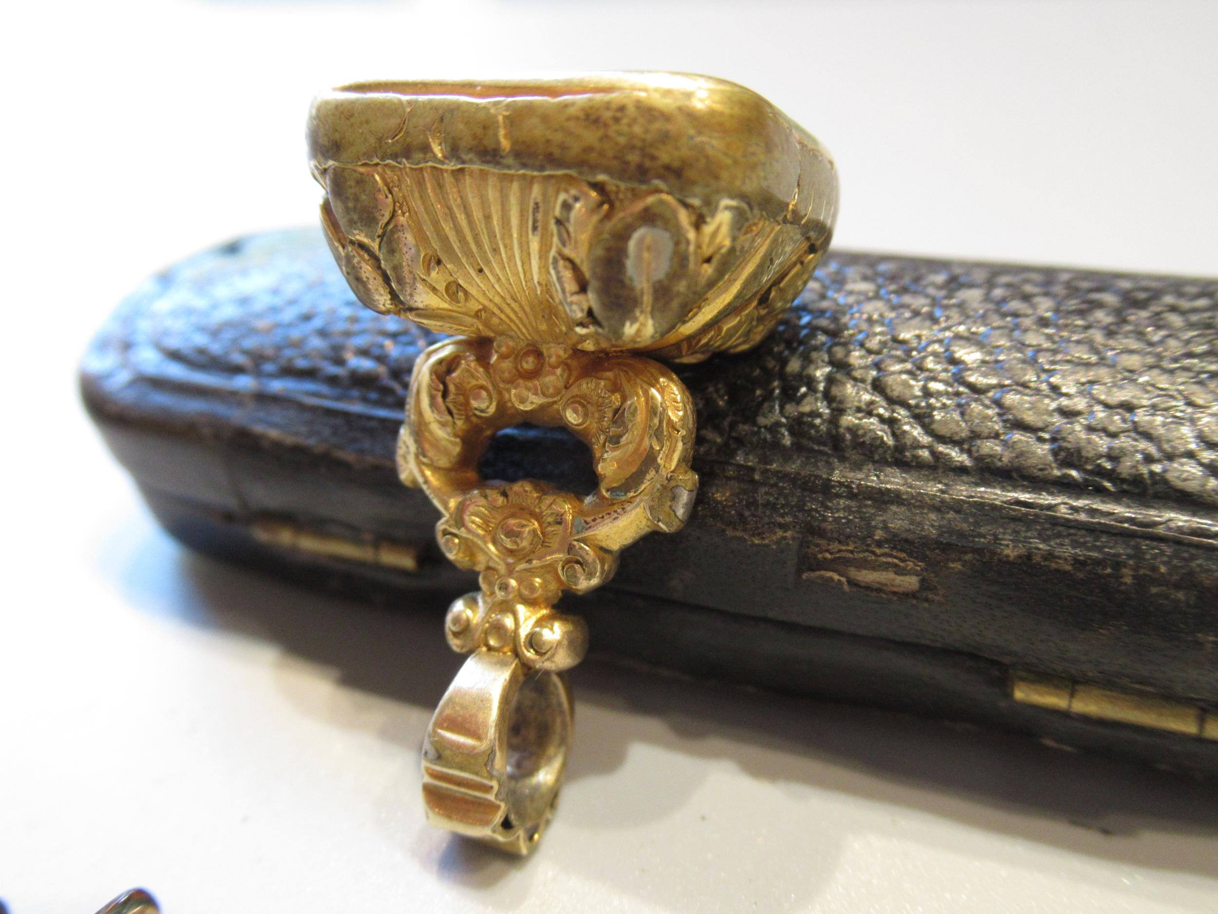 19th Century gilt metal fob seal, gold plated engraved sovereign case, pair of plated spectacles and - Image 3 of 5