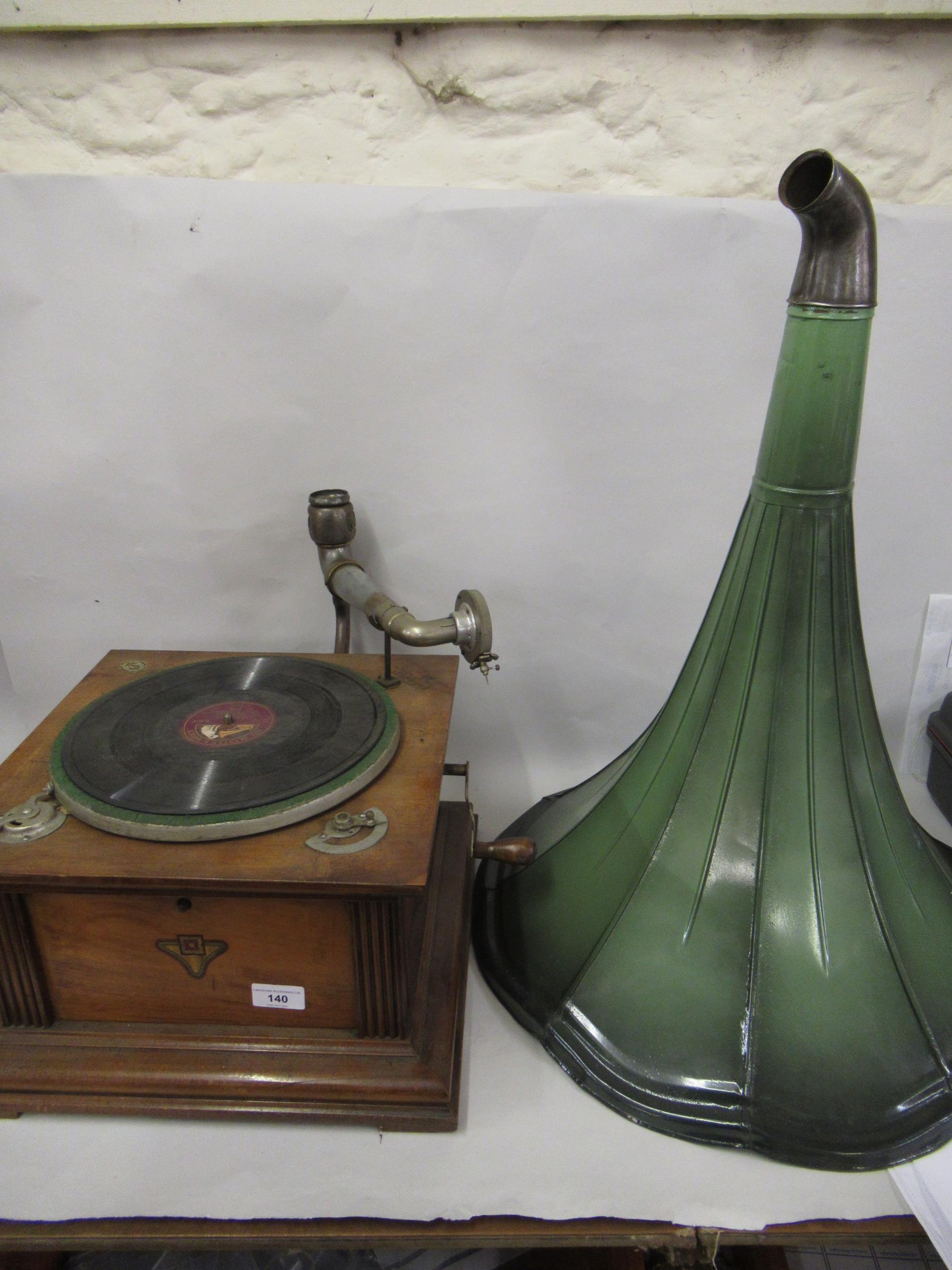 Edison Bell ' Discaphone ' walnut cased wind-up gramophone with painted Toleware horn Not