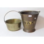 Brass bucket with swing handle, inscribed ' sand ', together with a iron handled brass preserve pan