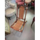 Victorian folding nursing chair, pine wall shelf / coat hook, two folding chairs and an oriental