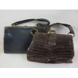 Ladies vintage leather handbag with gilt brass clasp (at fault) and another later blue leather