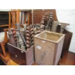 Four wooden crates containing a large quantity of antique mahogany and oak wood turnings, table
