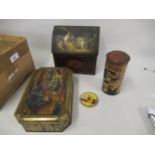 Happynak Mickey Mouse post office tinplate money box (at fault), a small dish and two biscuit tins