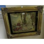 19th Century silkwork picture, figures beside a well, in verre eglomise mount with gilt frame, 14ins