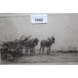 George Soper, signed etching, horses beside a haycart, figures working in a field beyond, 4.75ins