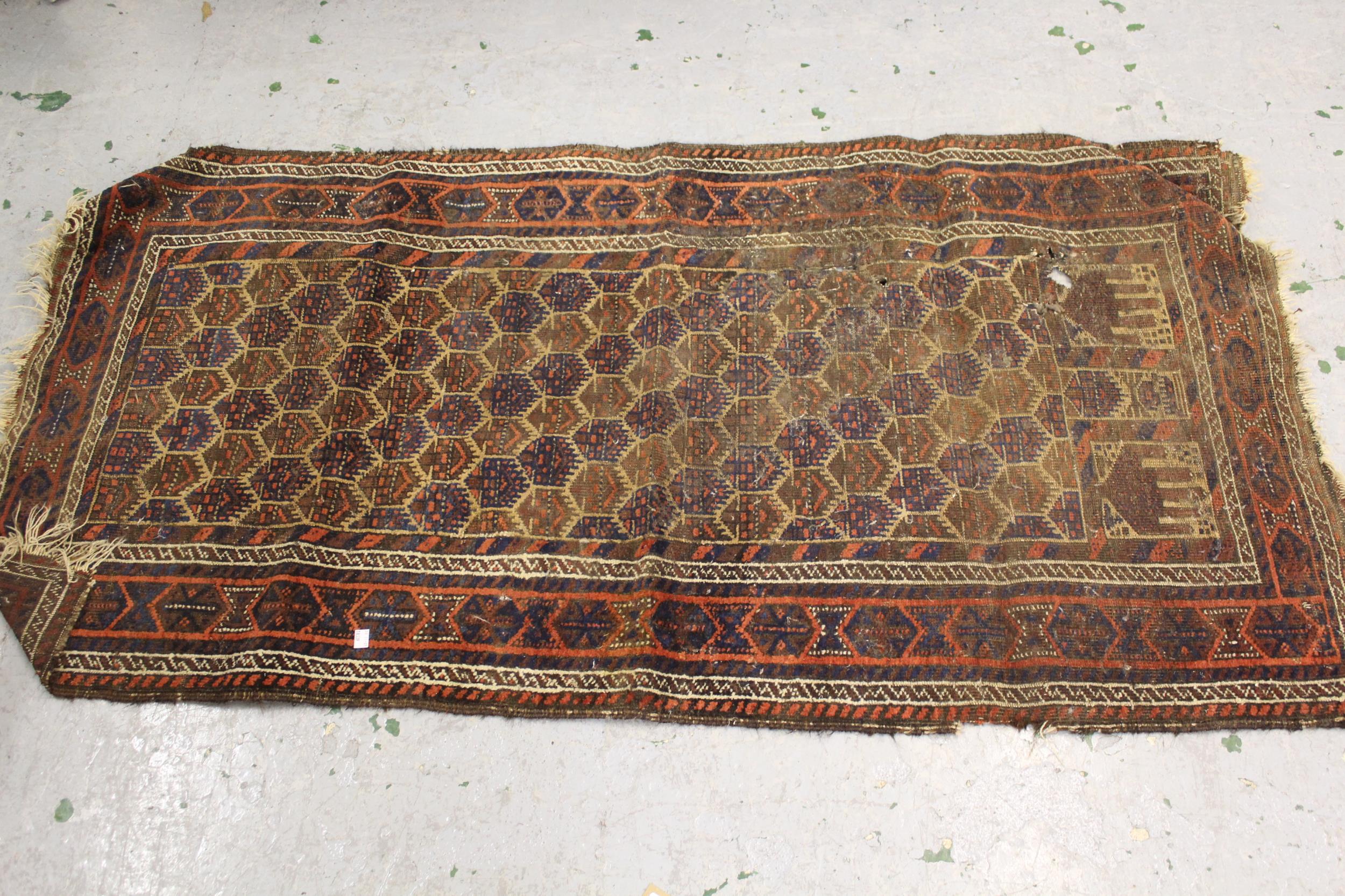 Small Belouch rug of geometric design with multiple borders, 24ins x 41ins together with another, - Image 2 of 3