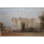 19th Century English school, watercolour, figures outside a Victorian villa, unsigned, 14.5ins x