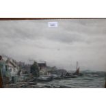 John Hamilton Glass signed watercolour, figures and boats at a Scottish fishing village, 13.5ins x