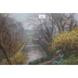 Sigismund Goetz signed pastel drawing, young lady seated in a river landscape, 18ins x 24ins