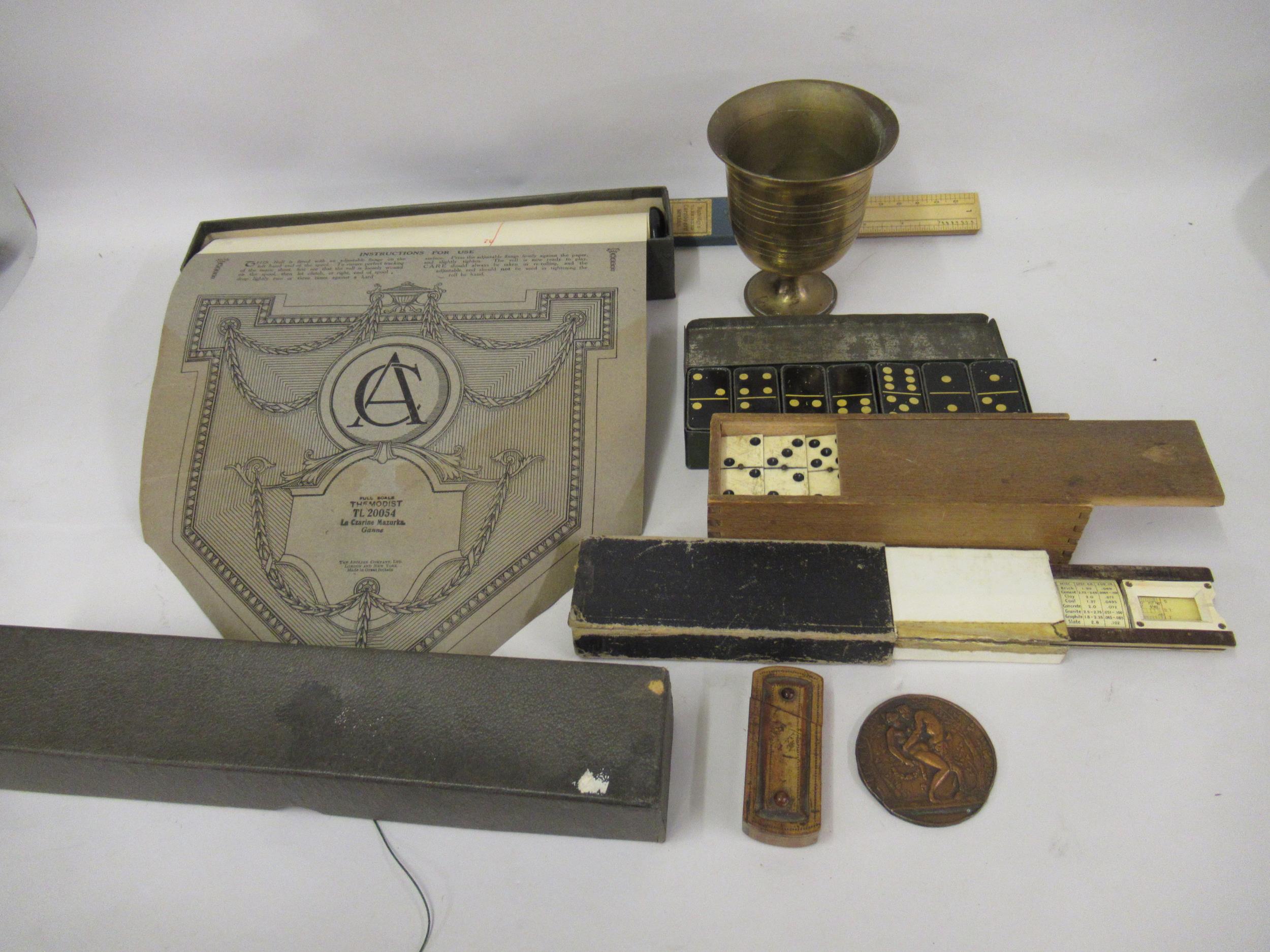 19th Century wooden puzzle vesta case, together with a brass goblet, set of cardboard scales, a
