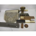 19th Century wooden puzzle vesta case, together with a brass goblet, set of cardboard scales, a