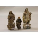 Three various antique carved polychrome figures with damages and losses, the tallest 11ins