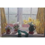 Leslie J Brockhurst, (New English Art Club), two unframed oils, flowers by a window (signed), and