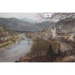 Continental coloured etching, view at Salzburg, signed indistinctly, 14ins x 26ins, gilt framed