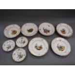 Ten pieces of late 19th Century German porcelain with hand painted decoration of insects and birds