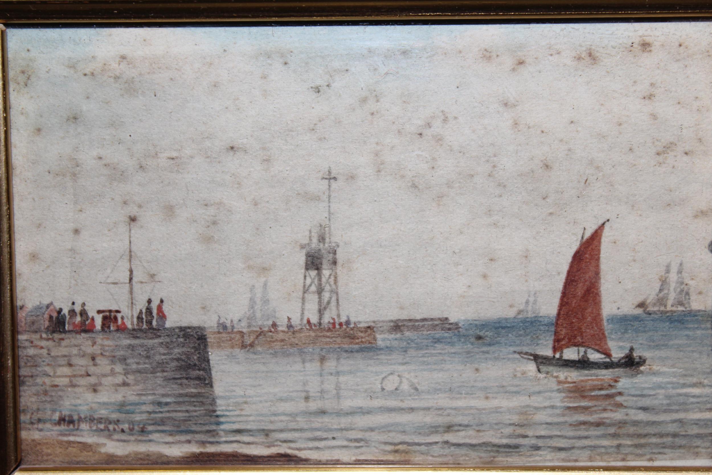 Small 19th Century watercolour, figures on a jetty with boats beyond, 3ins x 4.5ins, rosewood framed