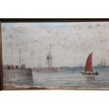 Small 19th Century watercolour, figures on a jetty with boats beyond, 3ins x 4.5ins, rosewood framed