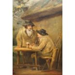Early 19th Century maplewood framed oil on canvas, two figures seated by a tavern, in the manner
