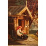 19th Century Continental school, oil on canvas, yarn spinner with a young child seated at a doorway,