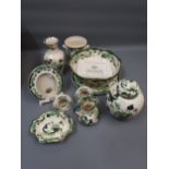 Eleven items of Masons green and gold Chartreuse pattern ceramics including an advertising plaque