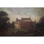 19th Century primitive school, oil on panel, view of a country house and garden with child riding