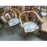 Pair of mid 20th Century beechwood tub chairs with padded seats and shell carved cabriole