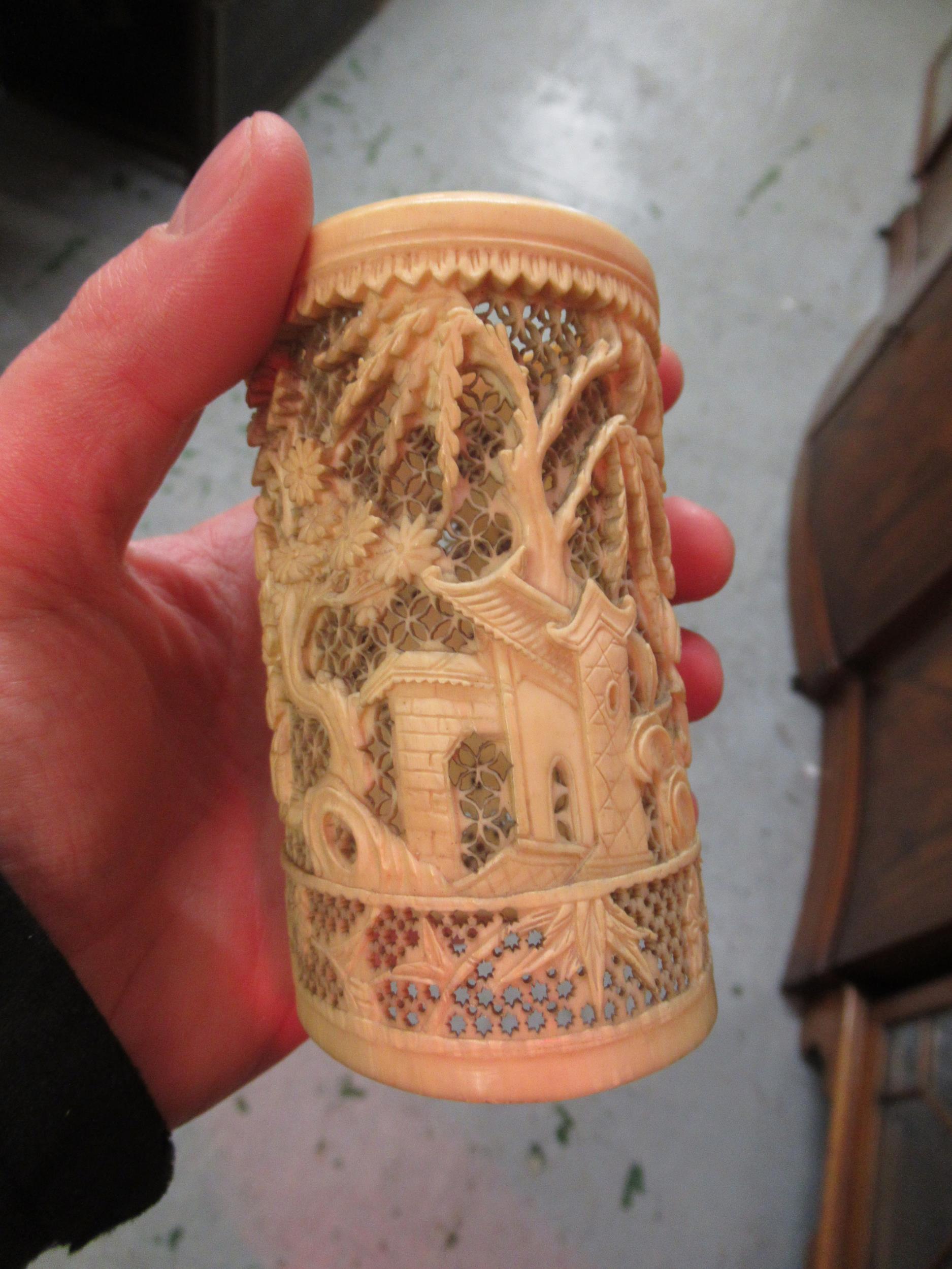 Two 19th Century Chinese carved ivory vases together with a needle case (at fault) and two carved - Image 3 of 13