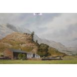 R. Salmon, watercolour, cottage in a mountain landscape, 13ins x 20ins approximately together with a