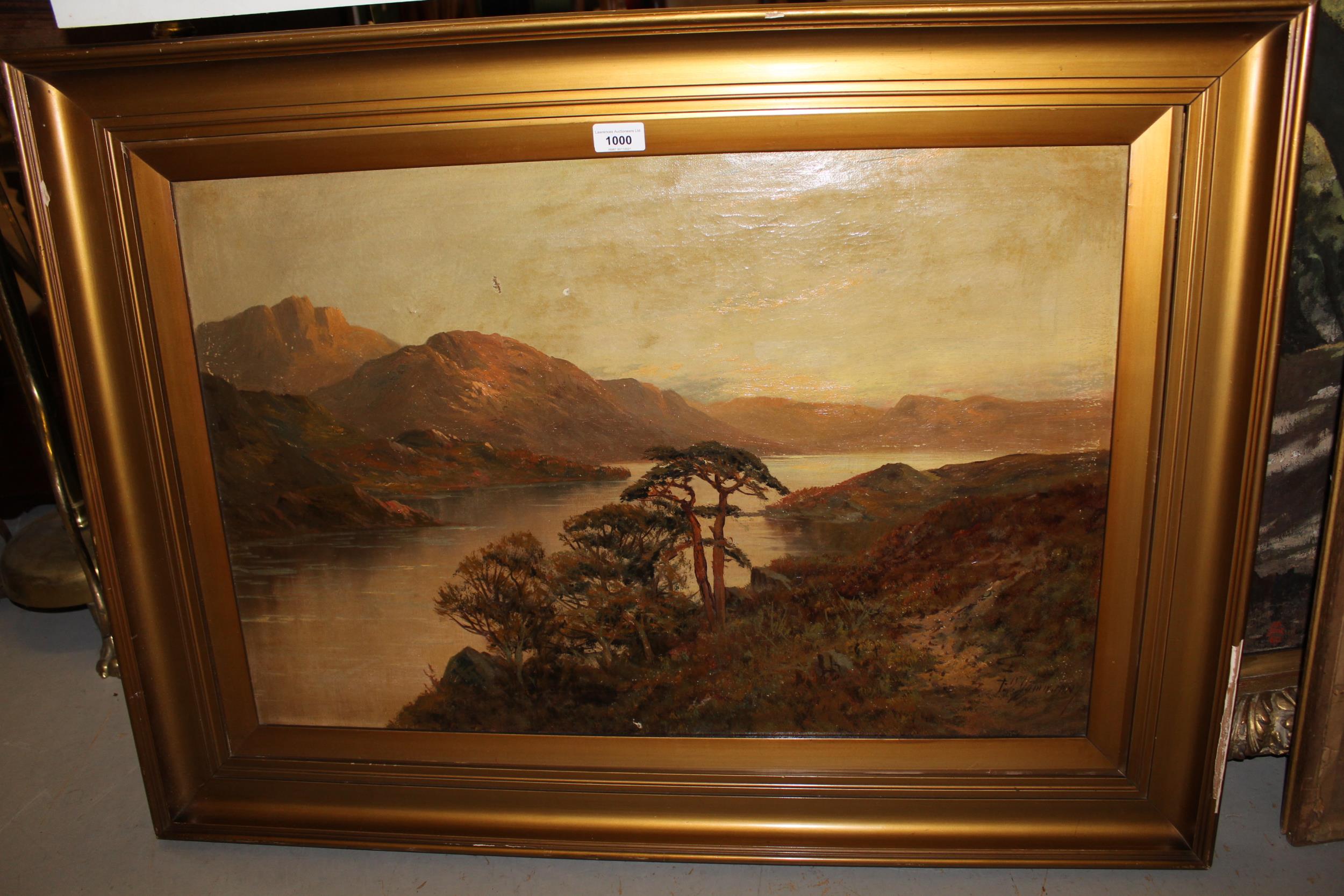 F.E. Jamieson, oil on canvas, Highland landscape, 20ins x 30ins (slight damage), gilt framed Does - Image 2 of 6