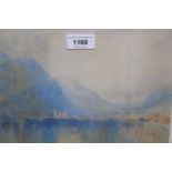 After Turner, watercolour, Continental mountain lake scene with figures and boats to the foreground,