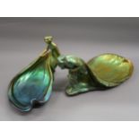 Zsolnay green lustre glazed figural trinket dish in the form of a fisherman hauling a net, 16ins