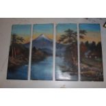 Set of four Japanese paintings on lacquer panels, lake scenes and landscapes, 23ins x 8.5ins,