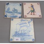 Small antique Delft tile and two other antique tiles